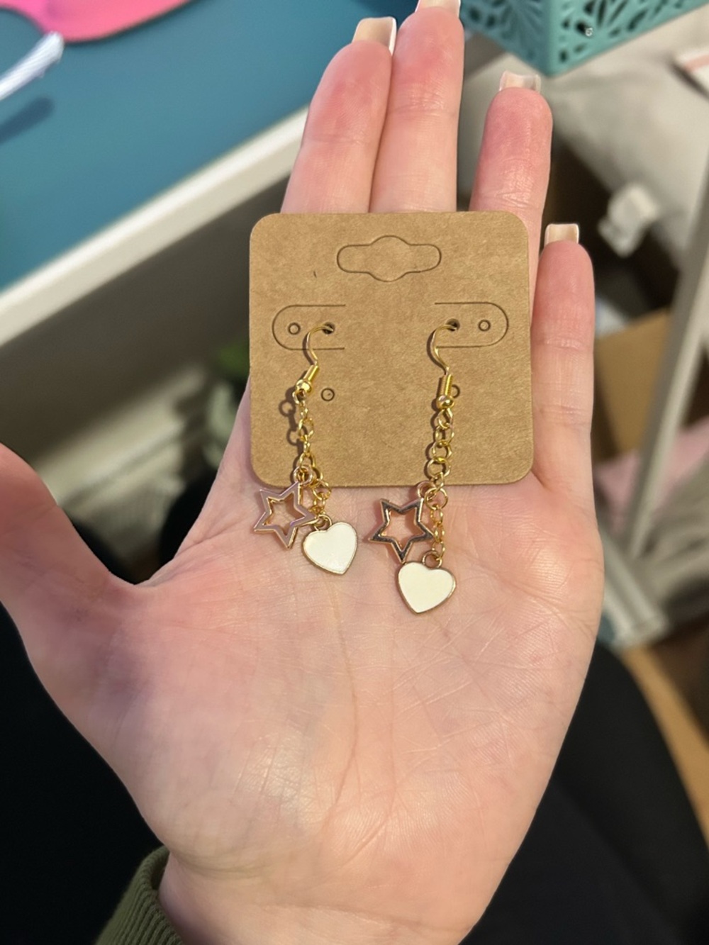 Gold Tone White Heart & Star Drop Earrings